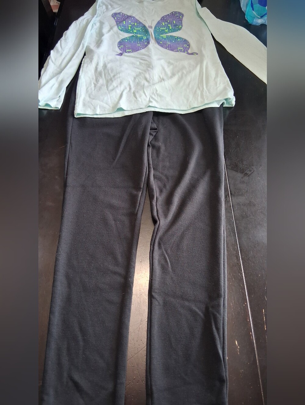 Girls 3 Piece Bundle Black Pants, Butterfly Shirt & Sports Bra